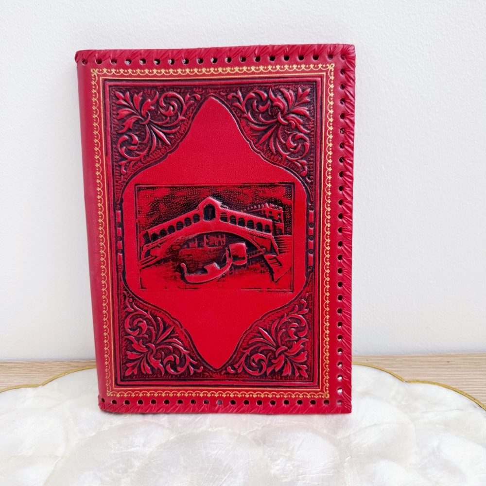 Vintage Red & Gold Tone Italian Leather Embossed Book Cover
